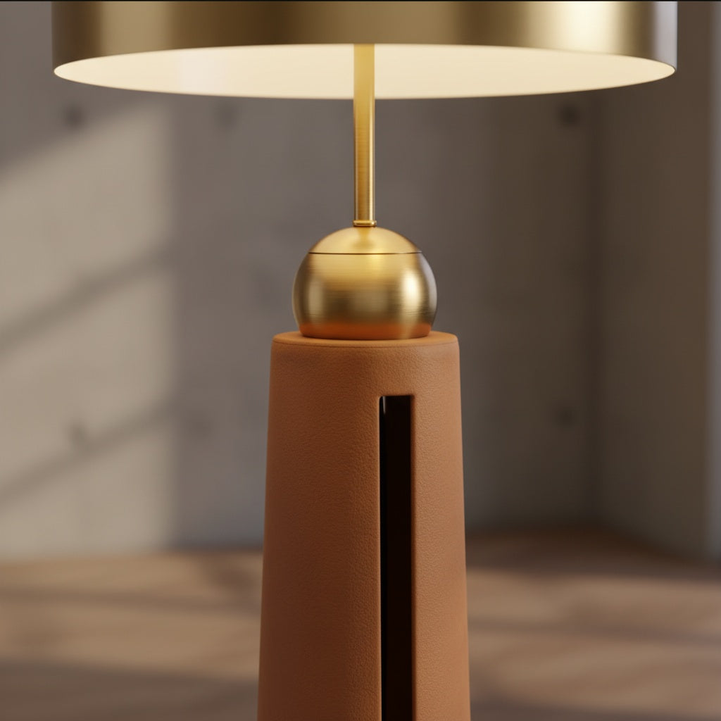 Lampadaire mid-century modern en laiton et cuir brun | LUMIO