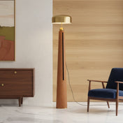 Lampadaire mid-century modern en laiton et cuir brun | LUMIO