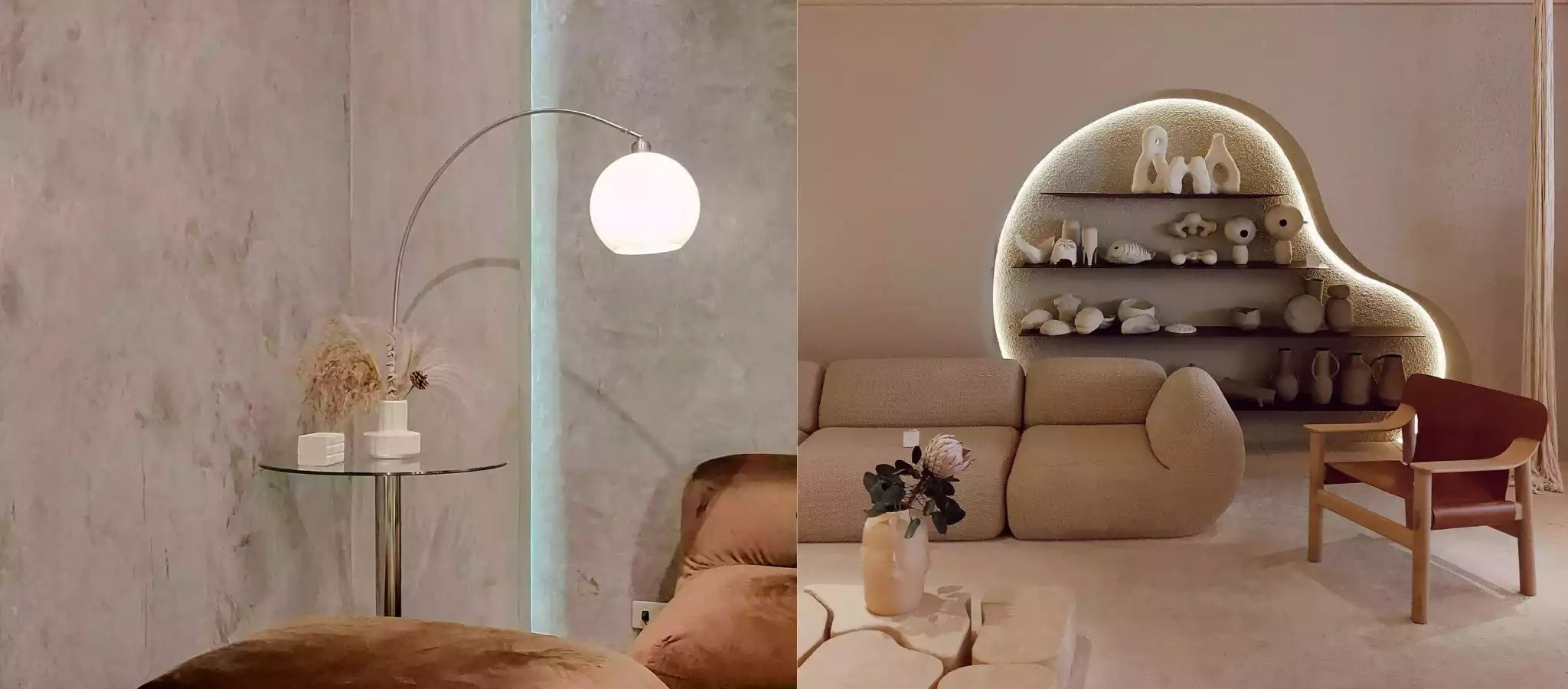 Intérieur design moderne avec à gauche une lampe sur pied à globe lumineux près d’un mur en béton brut et à droite un salon au style minimaliste avec un canapé arrondi crème, une étagère murale organique rétro-éclairée et des objets décoratifs en céramique.