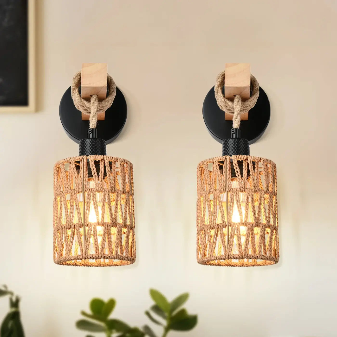 Applique murale en osier et bois beige style naturel — vue 1