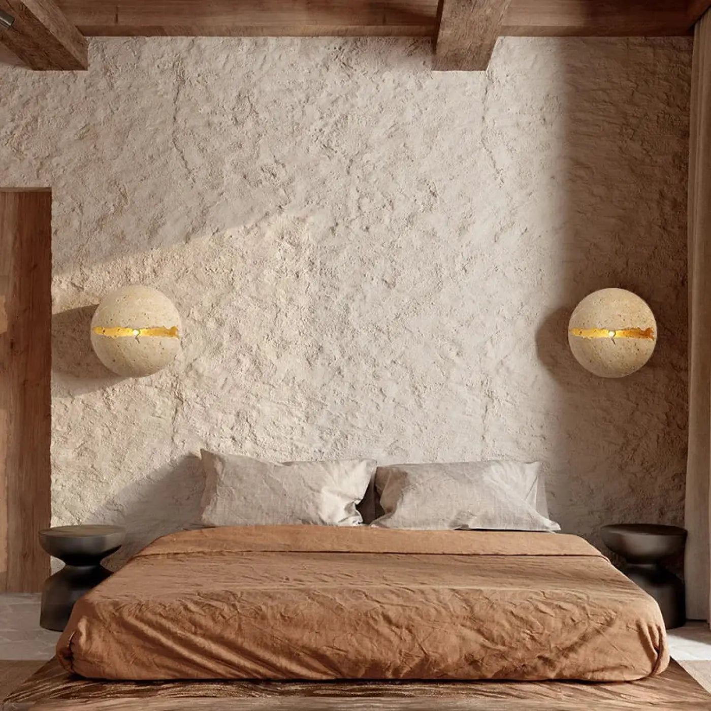 Applique murale LED beige en pierre ronde pour tête de lit — vue 2