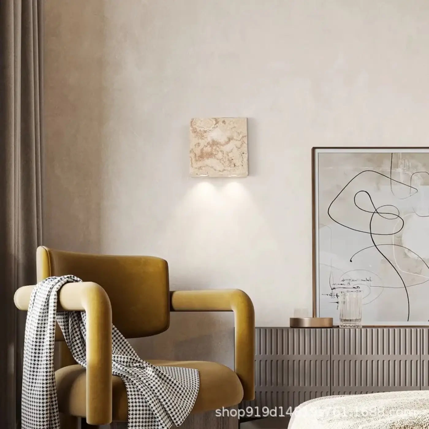 Applique murale LED carrée pierre beige effet travertin — vue 1