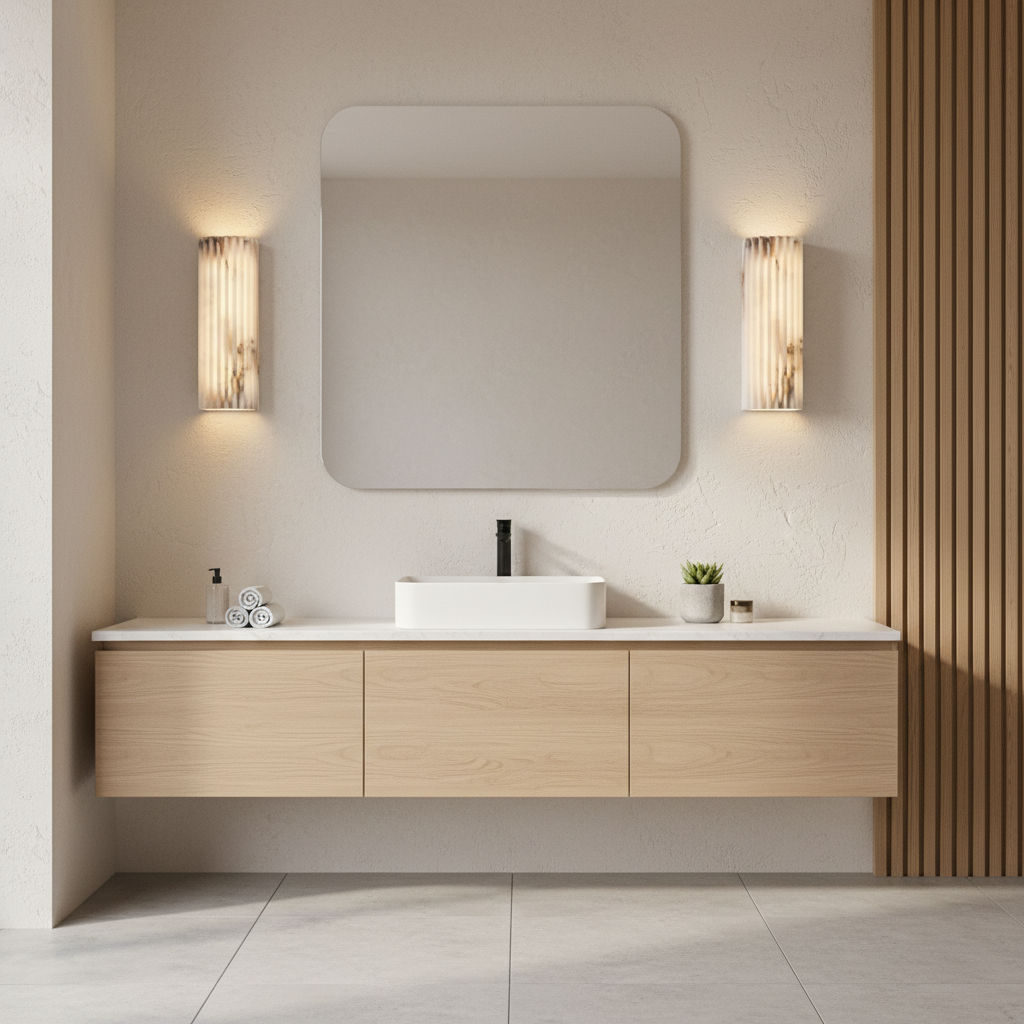 Applique murale design en marbre et laiton, format vertical, diffusant une lumière douce et homogène, idéale pour une salle de bain moderne ou un intérieur contemporain