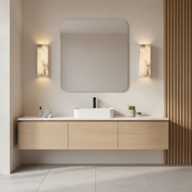 Applique murale design en marbre et laiton, format vertical, diffusant une lumière douce et homogène, idéale pour une salle de bain moderne ou un intérieur contemporain