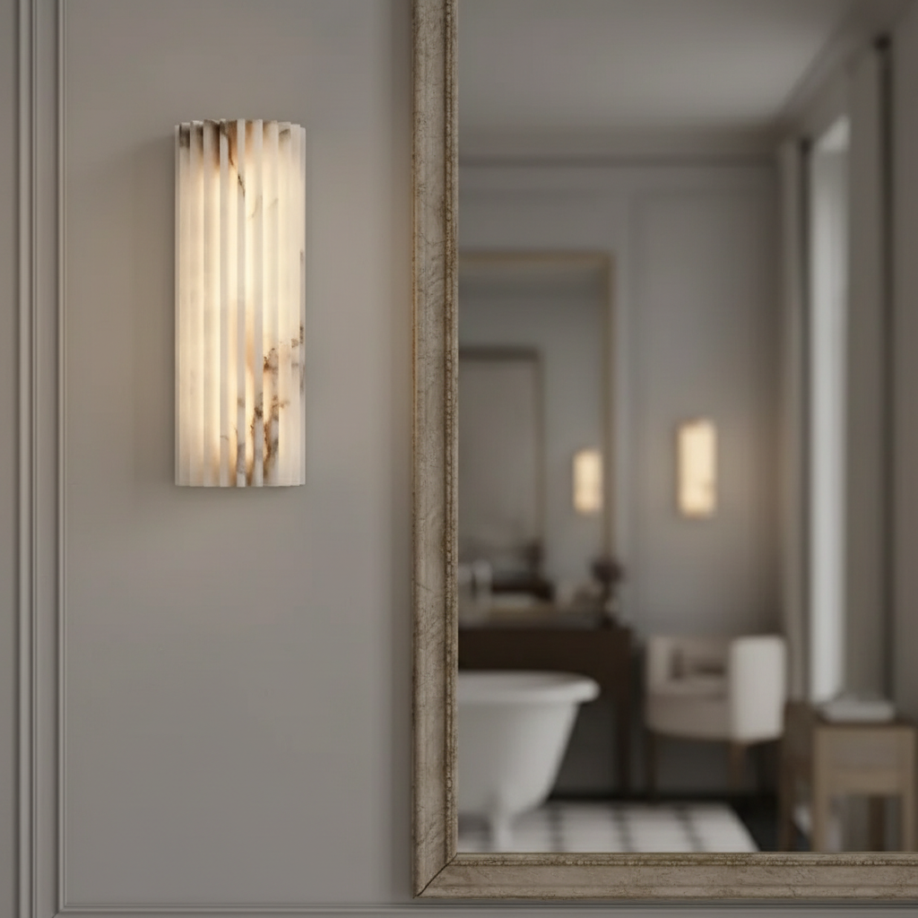 Applique murale design en marbre et laiton, format vertical, diffusant une lumière douce et homogène, idéale pour une salle de bain moderne ou un intérieur contemporain