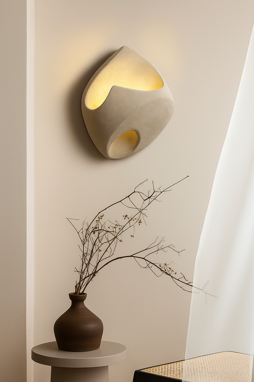 Applique murale wabi sabi installée sur mur blanc