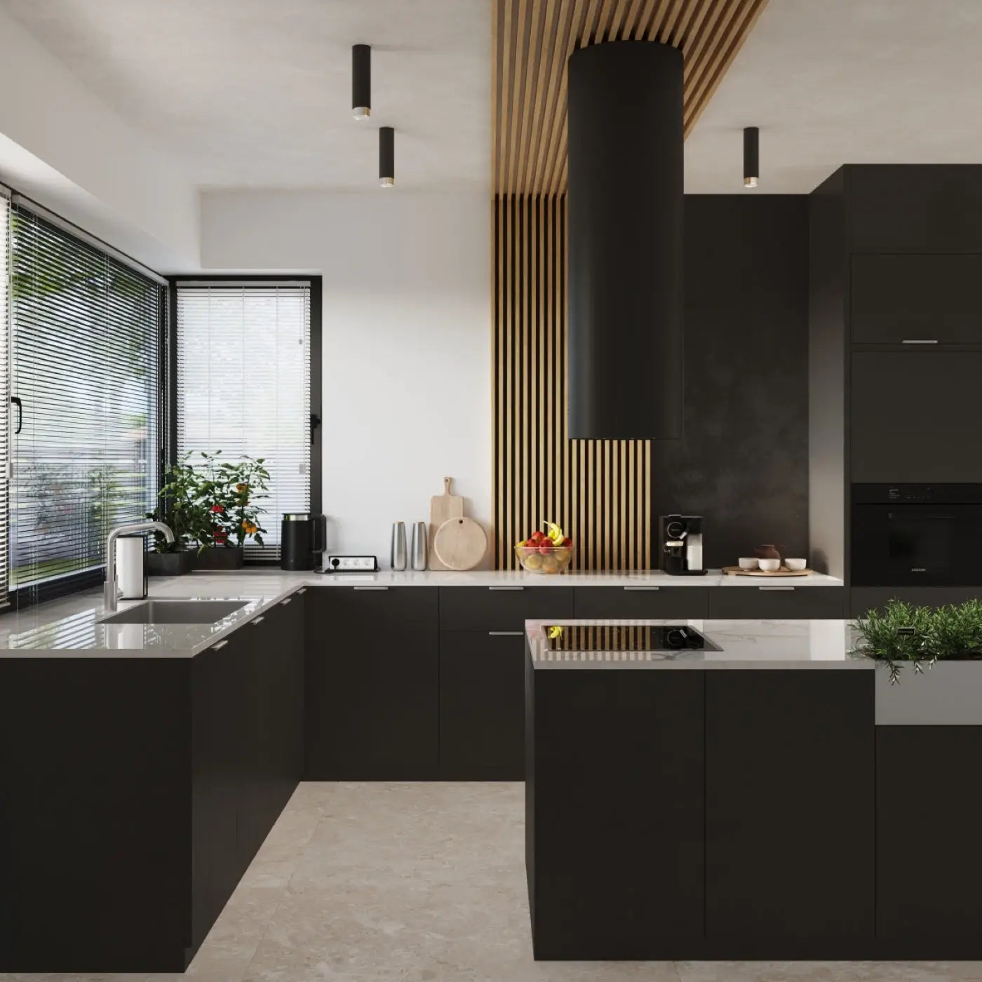 Plafonnier cylindre noir chrome contemporain | BUHA