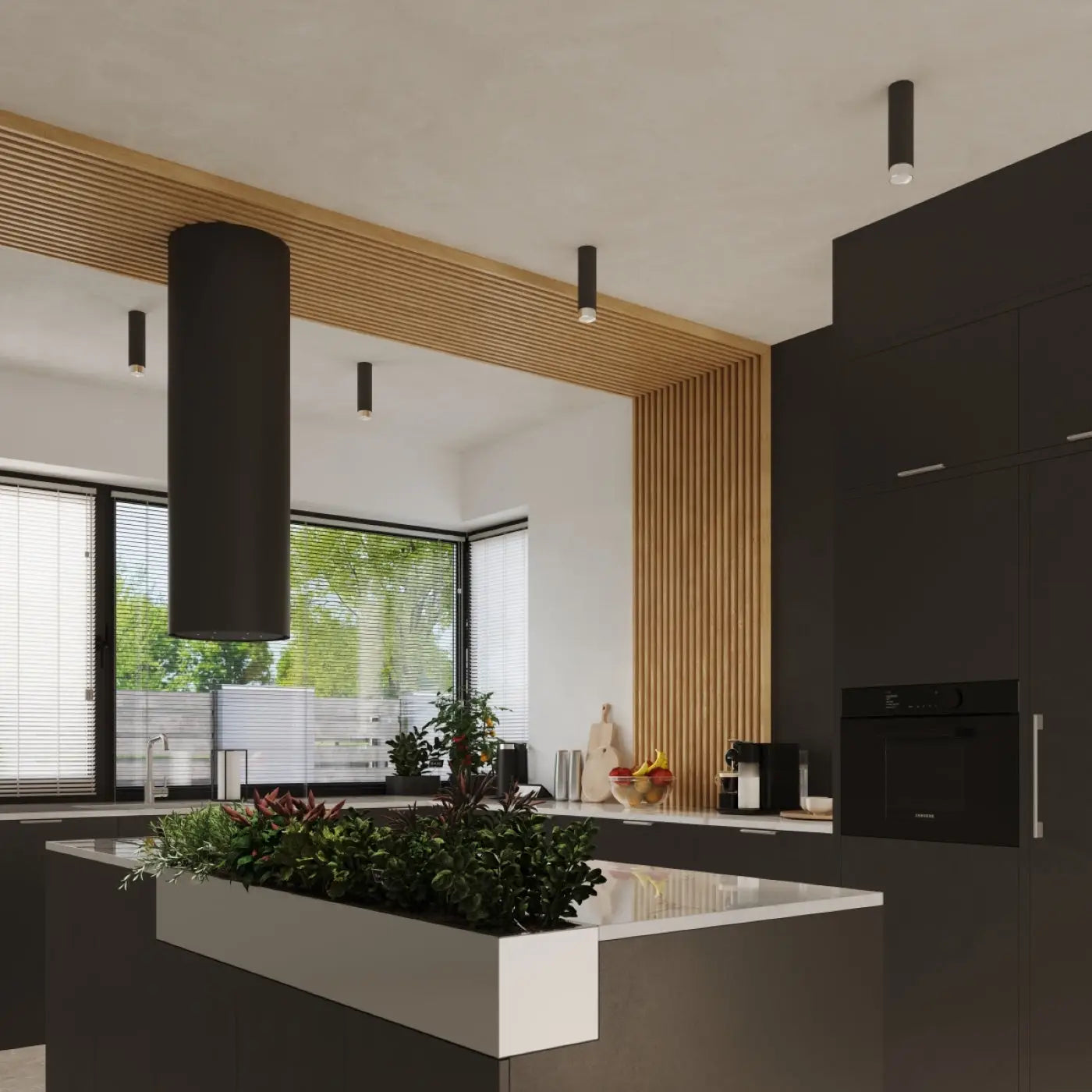 Plafonnier cylindre noir chrome contemporain | BUHA