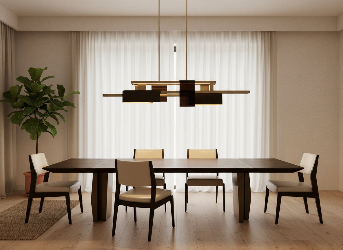 Lustre moderne salon KYO au design architectural, structure en laiton et verre, suspendu au plafond dans un intérieur contemporain