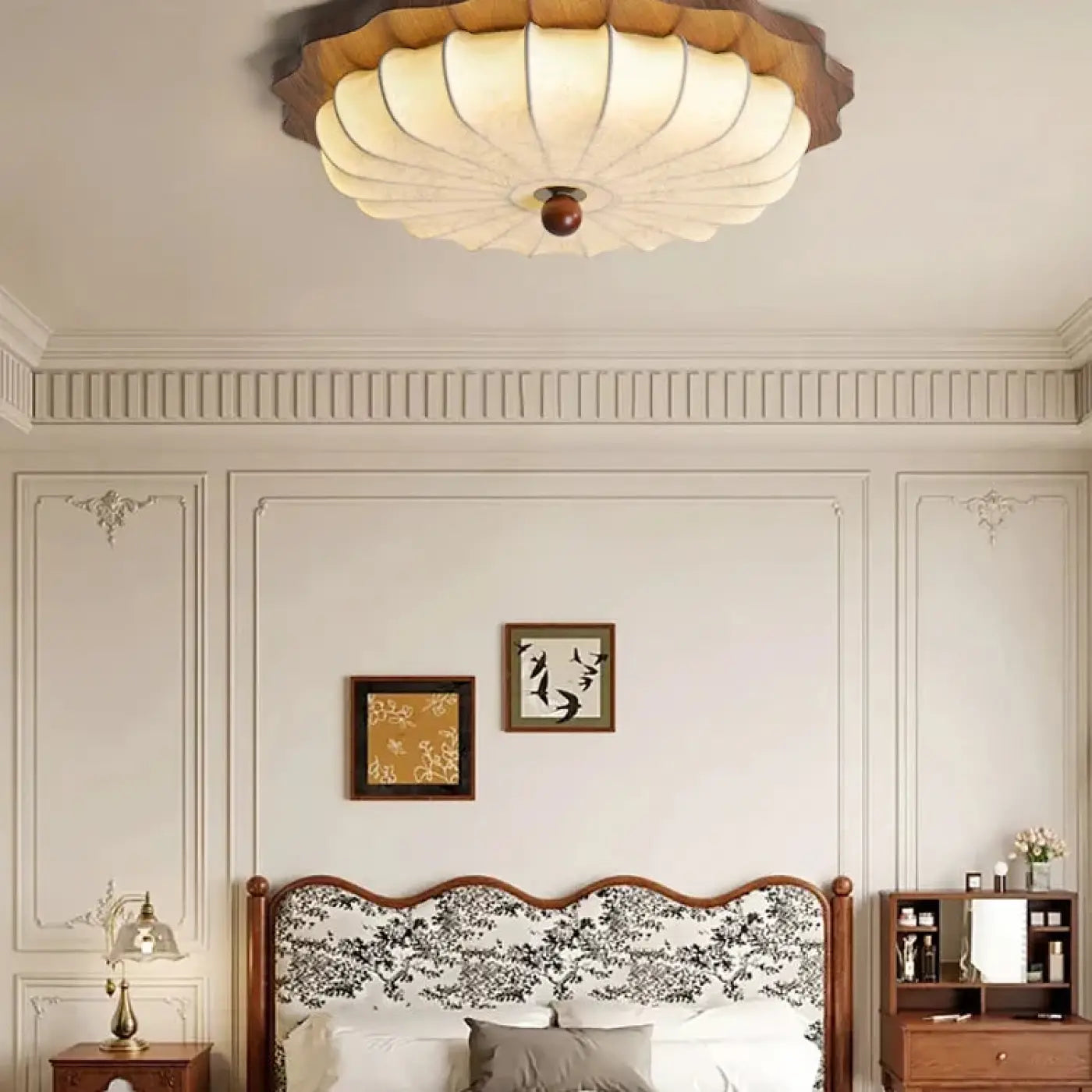 Plafonnier bois et tissu beige lanterne vintage | BUPUK