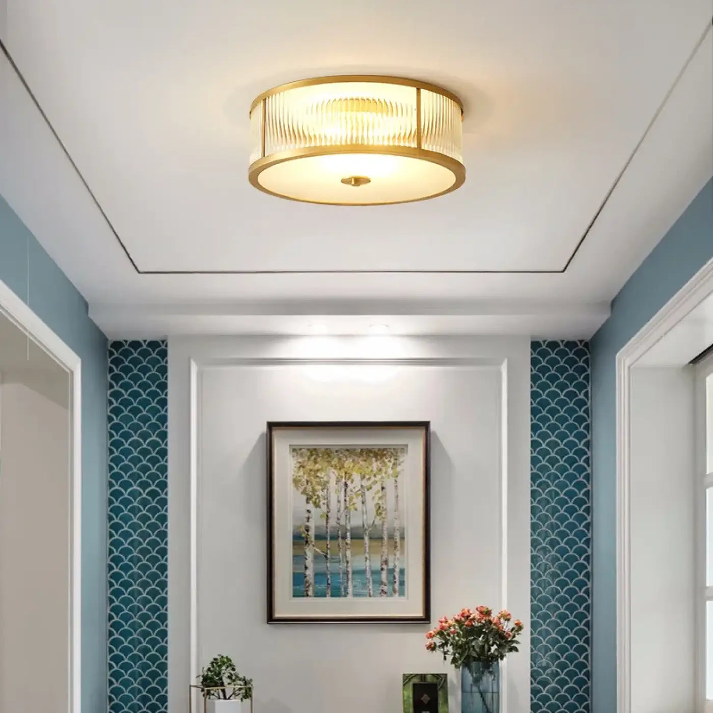Plafonnier LED verre strié doré design | LOVEHO