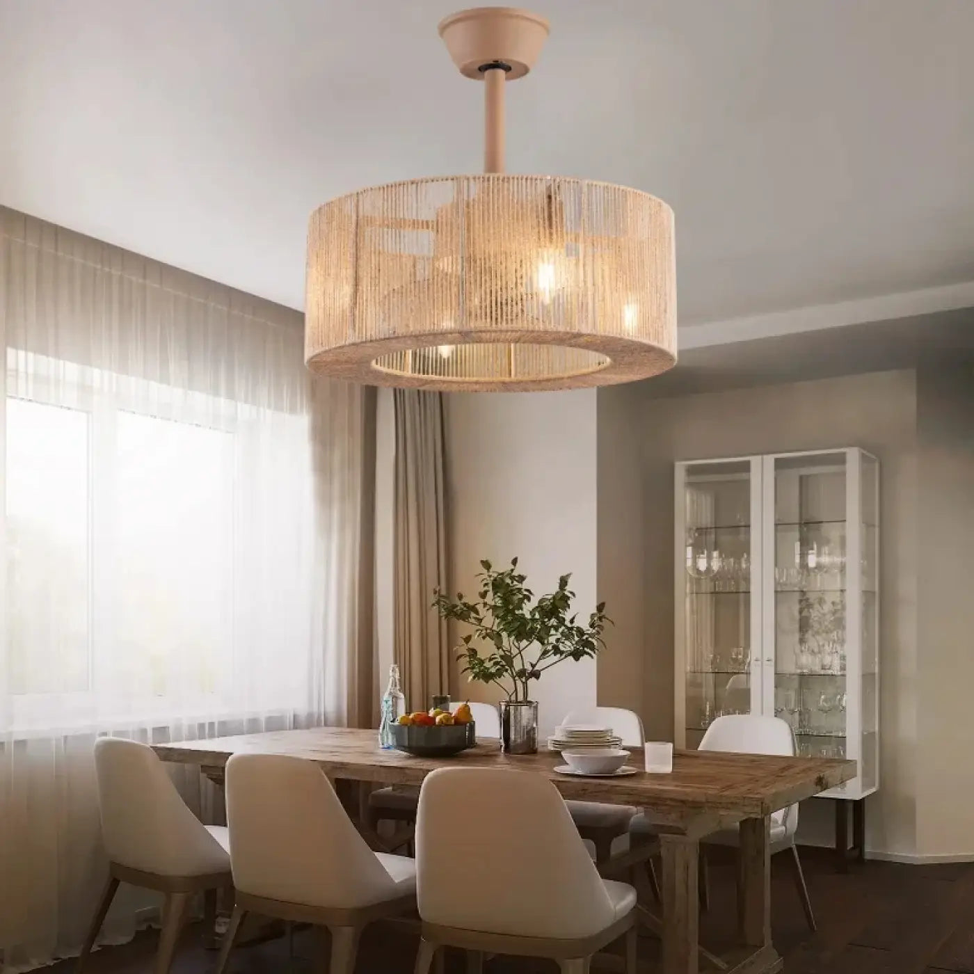Plafonnier rotin beige cylindrique moderne | ZOZON