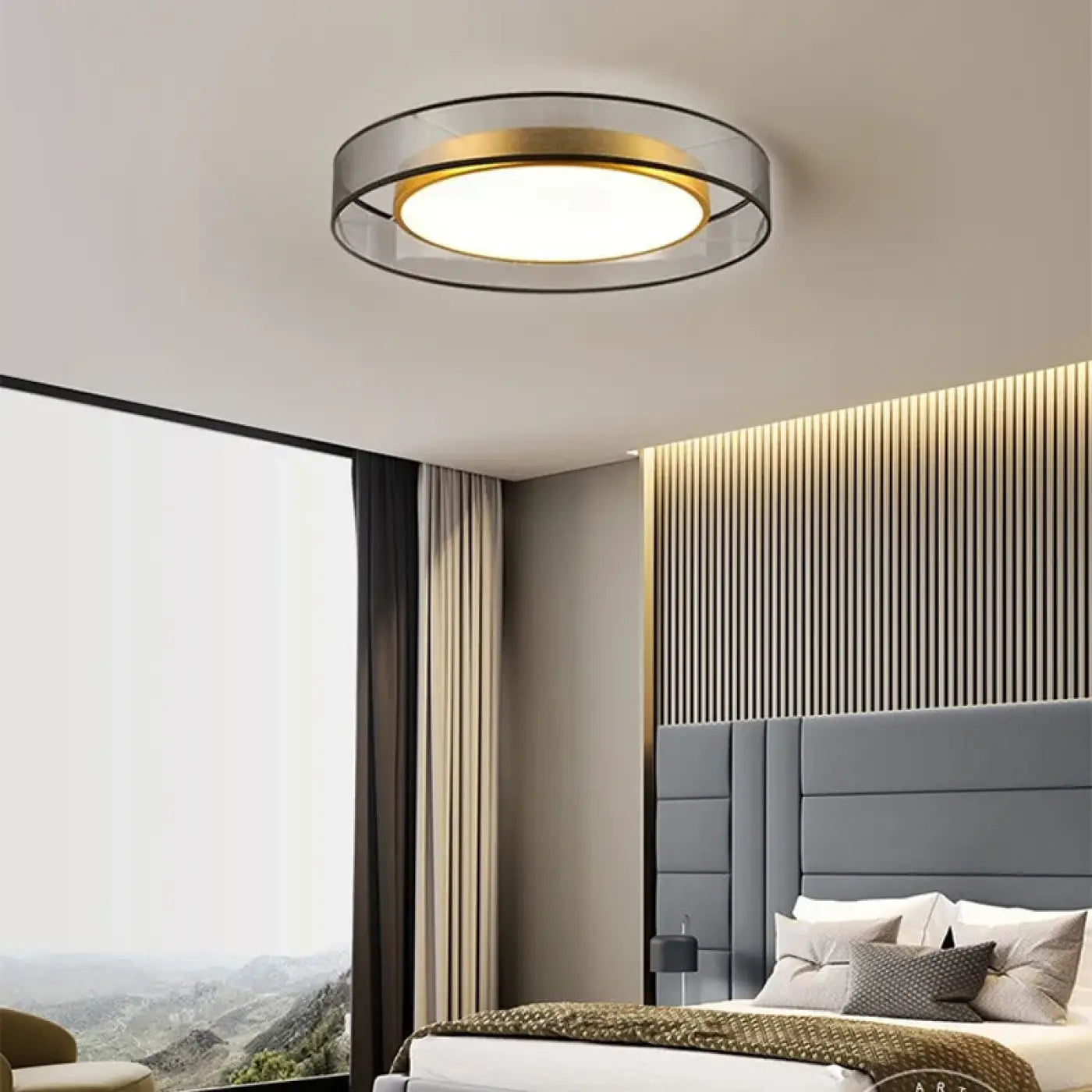 Plafonnier LED rond gris fumé et doré | SEVEKA