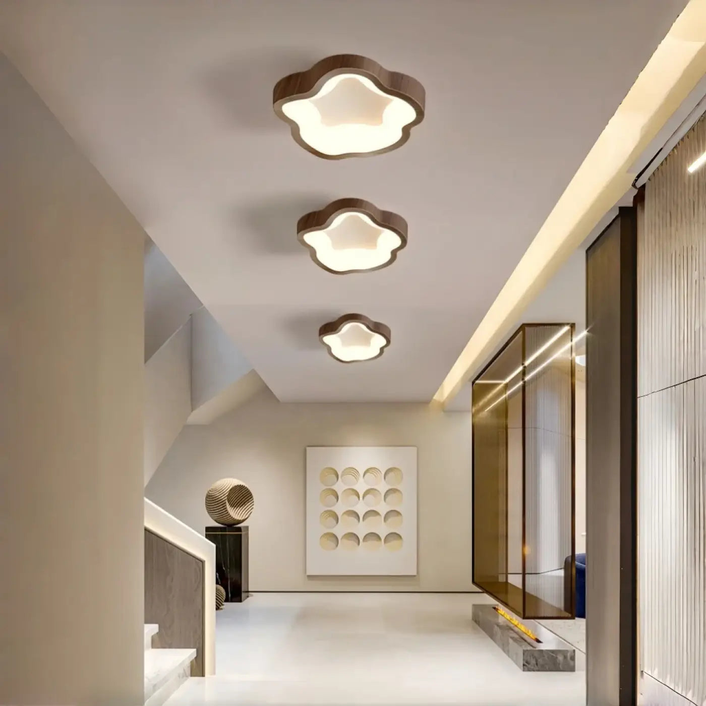 Plafonnier beige marron LED bois scandinave | DETIGEN