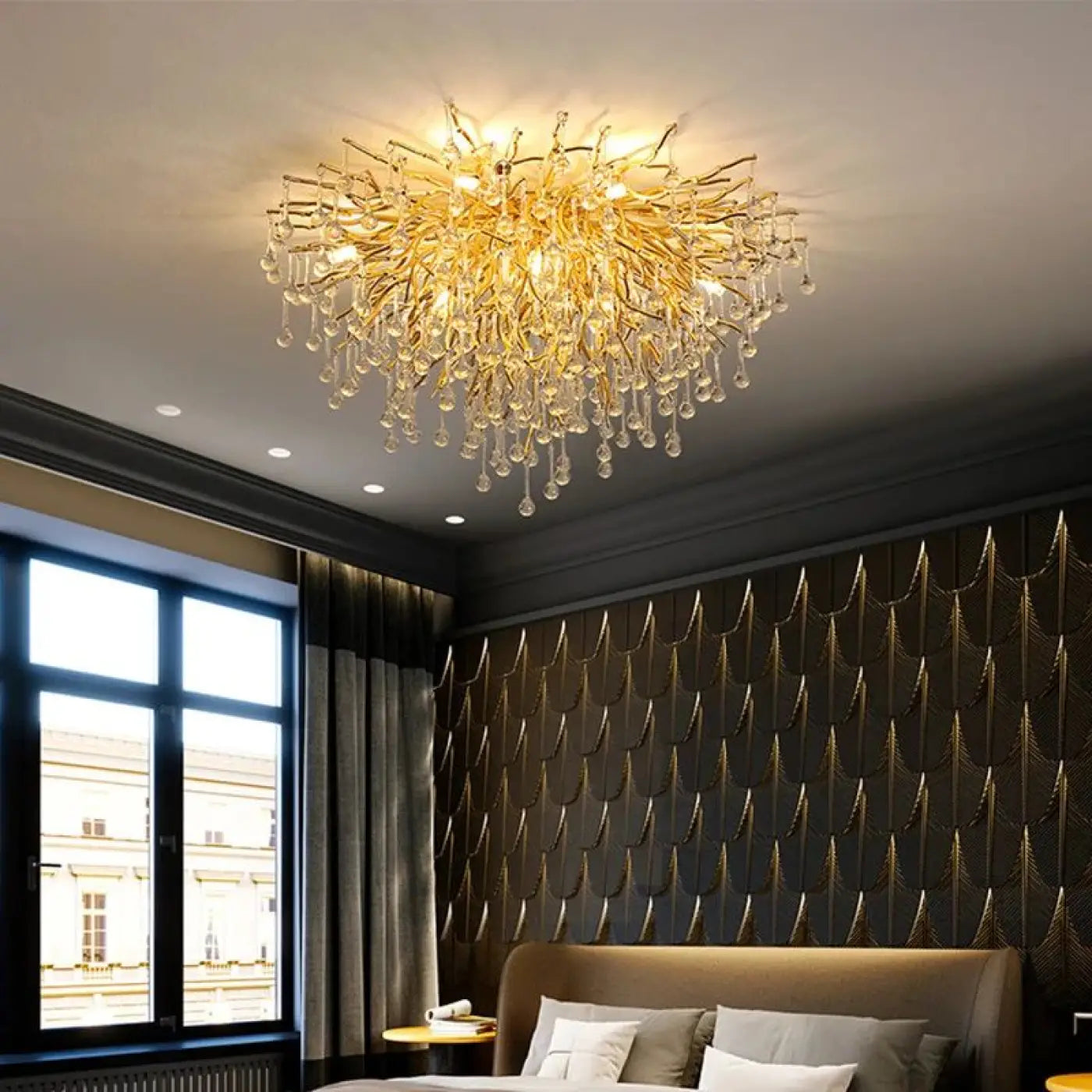 Plafonnier cristal LED doré design moderne | PUZE