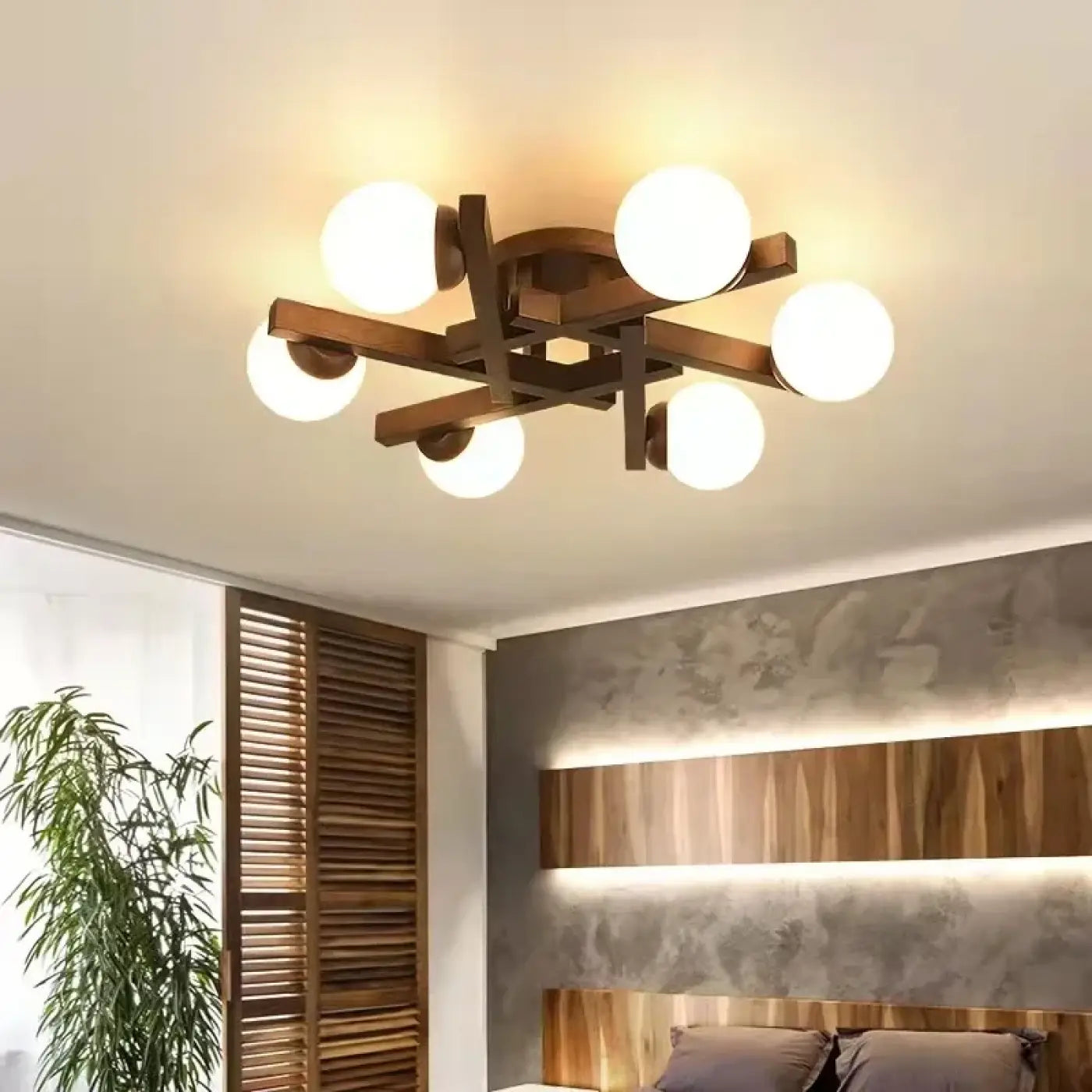 Plafonnier scandinave bois globes blancs | ZAFO
