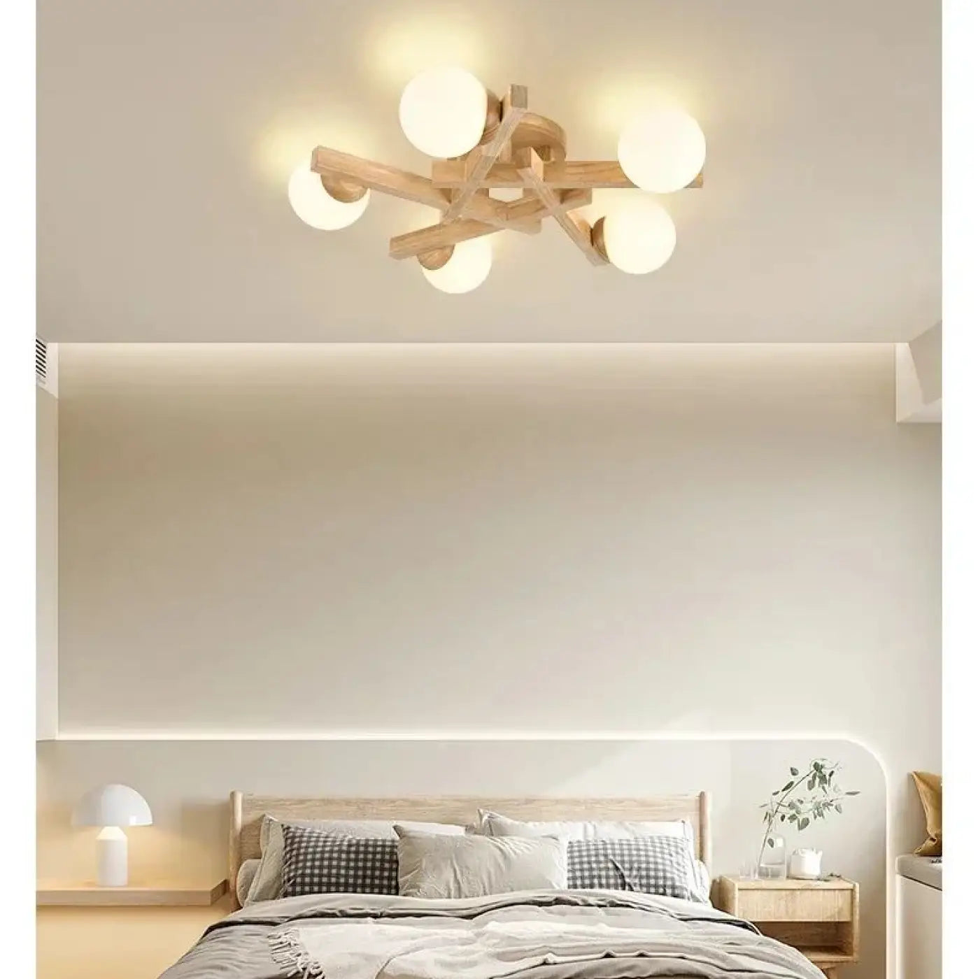 Plafonnier scandinave bois globes blancs | ZAFO