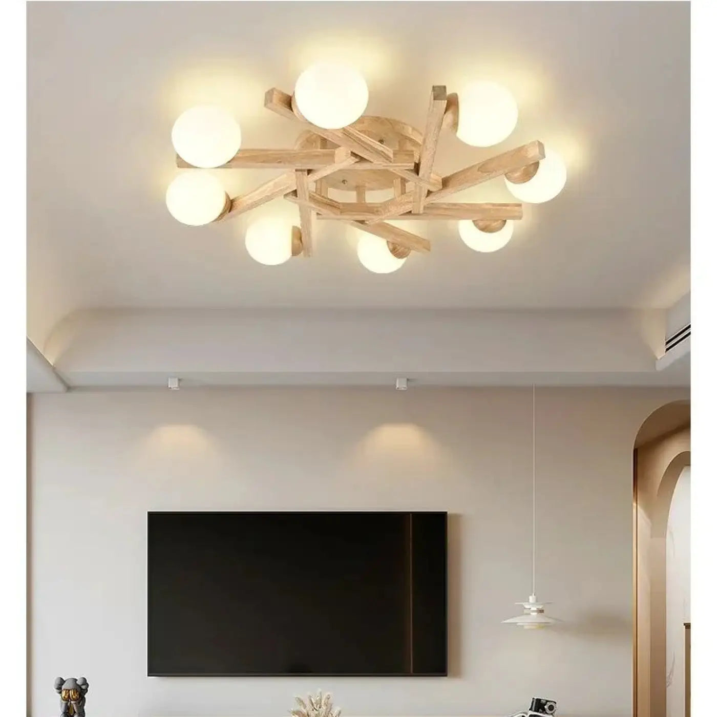 Plafonnier scandinave bois globes blancs | ZAFO