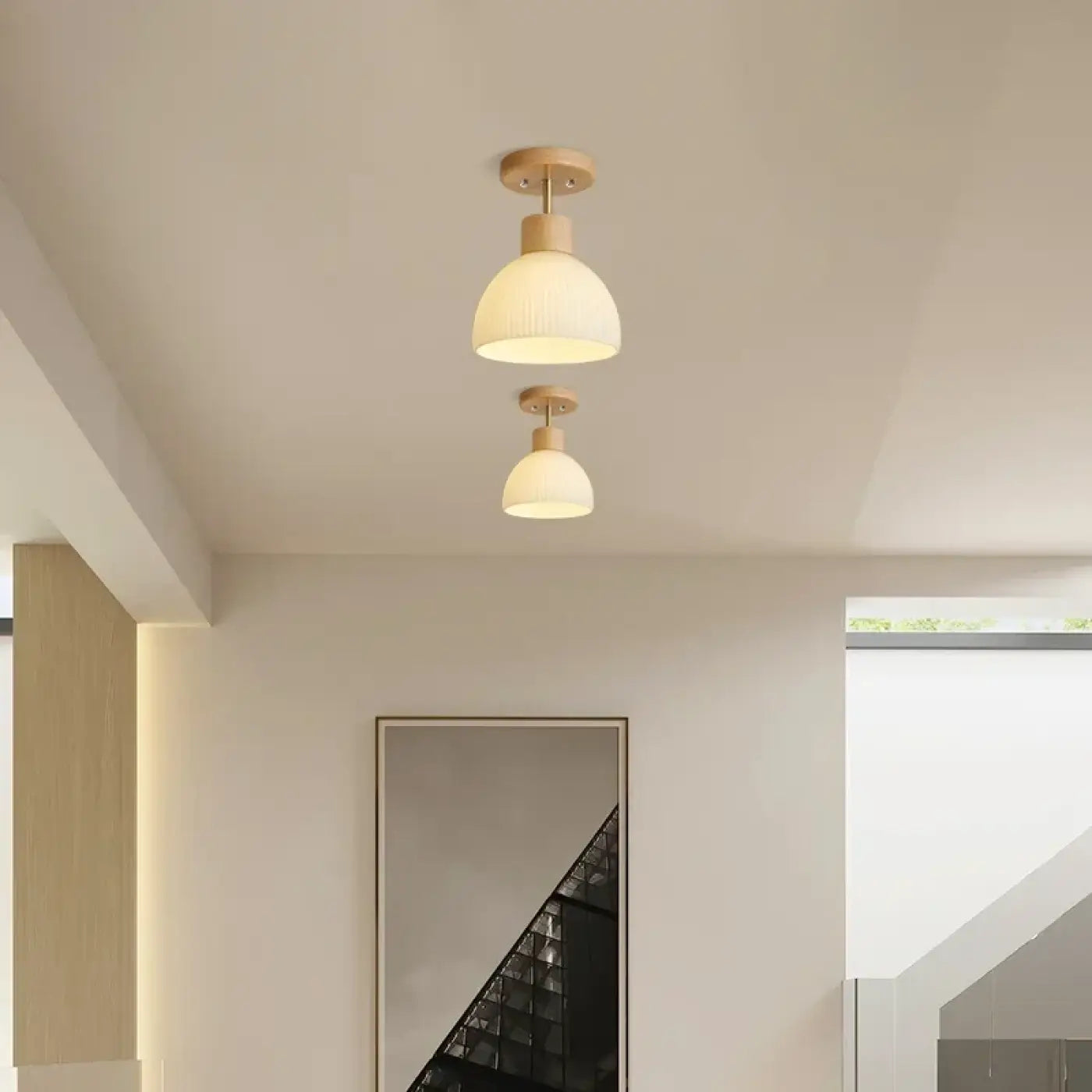 Plafonnier scandinave bois et verre opalin | ZUZEZE