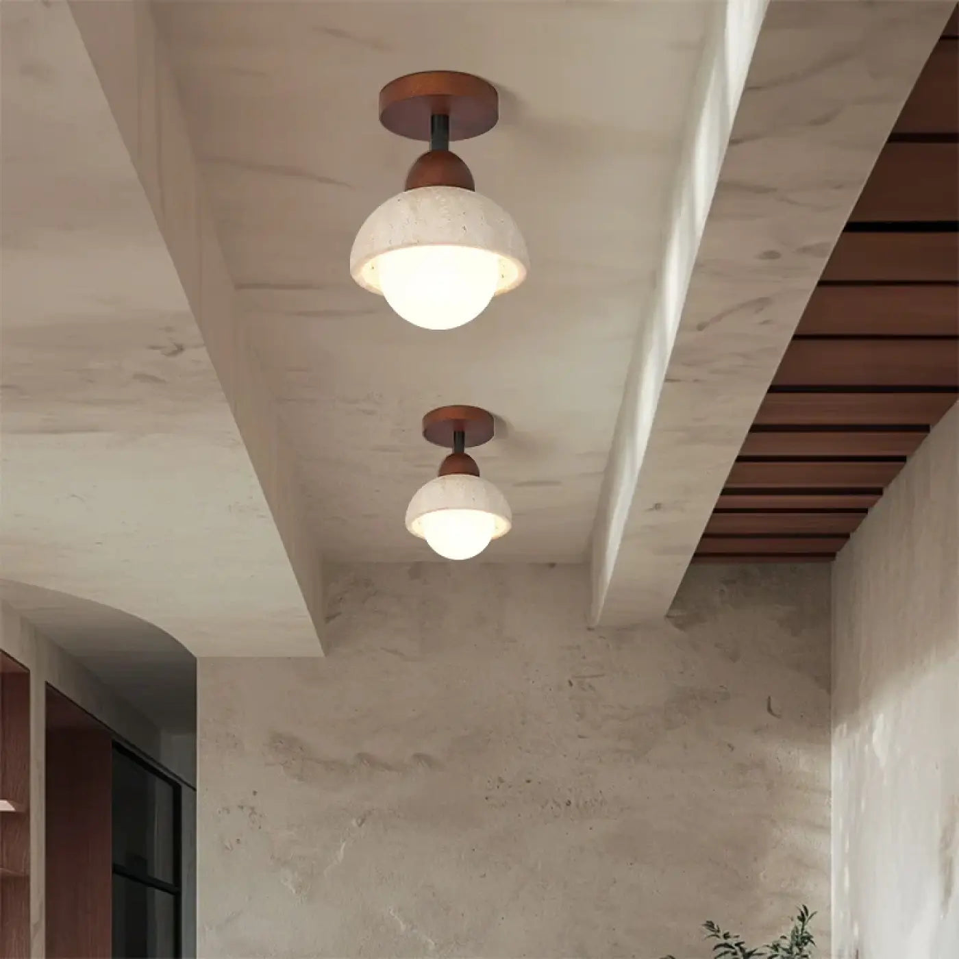 Plafonnier LED travertin et bois moderne | FOBOL