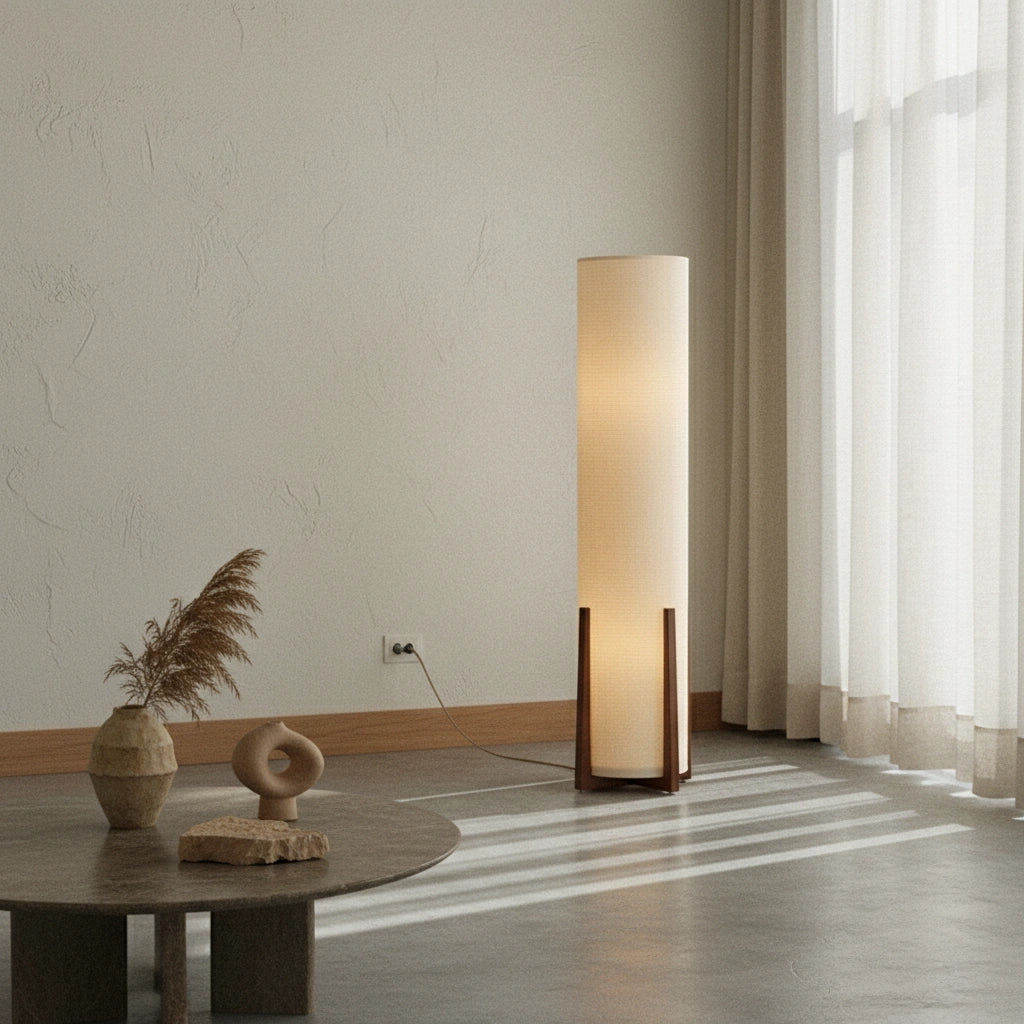 Wabi-sabi floor lamp with wooden base and cylindrical fabric shade, placed in a minimalist interior with natural tones