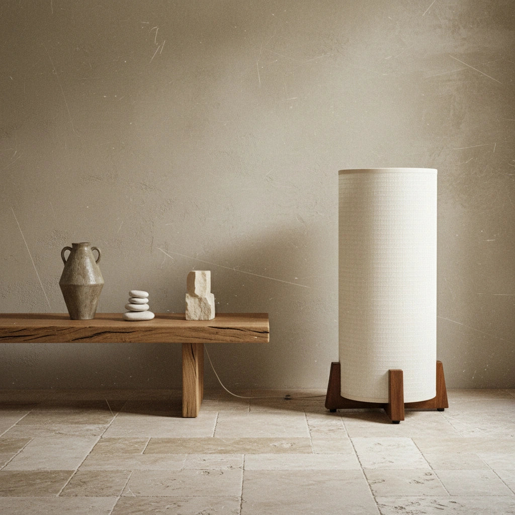 small Wabi-sabi floor lamp with wooden base and cylindrical fabric shade, placed in a minimalist interior with natural tones